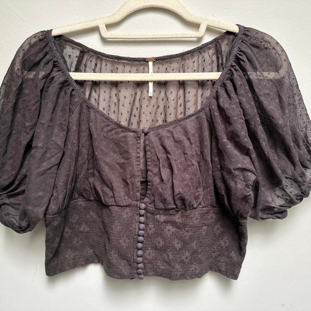 Free People Dusty Plum Puff Sleeve Sheer Button Blouse